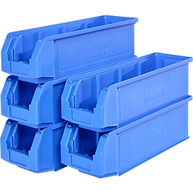 Lot économique de bacs à bec SSI Schaefer série PROFI LF 511, polypropylène, L 500 x l 156 x H 143 mm, 7,6 l, bleu, 5 pièces