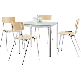 Lot économique de chaises empilables, bois de hêtre, dimensions de l'assise L 452 x P 500 x H 803 mm, 4 pièces + table de conférence, gris clair, L 800 x P 800 x H 720 mm