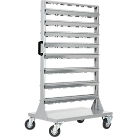 Magasin mobile pour petites pièces, chargeable des deux côtés, sans bacs de rangement ouverts, L 825 x P 550 x H 1 450 mm, acier, gris