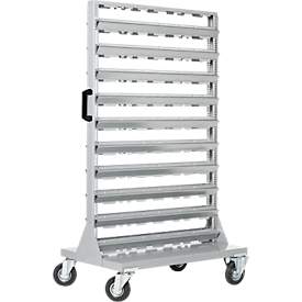 Magasin mobile pour petites pièces, chargement des 2 côtés, sans bacs à bec, L 825 x P 550 x H 1450 mm, acier, gris
