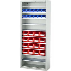 Magazinregal C+P Serie 13, mit 28 Sichtlagerkästen SSI Schäfer Serie PROFI LF 211/221, 10 Fachböden, abschließbar, B 700 x T 300 x H 1690 mm, Stahl, lichtgrau RAL 7035