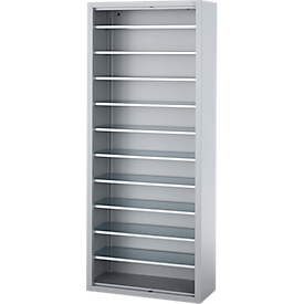 Magazinregal C+P Serie 13, ohne Sichtlagerkästen, 10 Fachböden, abschließbar, B 700 x T 300 x H 1690 mm, Stahl, weißaluminium RAL 9006