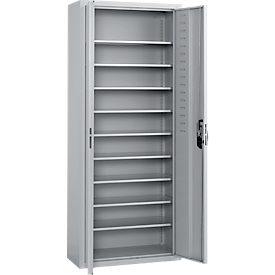 Magazinschrank C+P Serie 13, 10 Fachböden, abschließbar, B 700 x T 300 x H 1690 mm, Stahl, weißaluminium RAL 9006