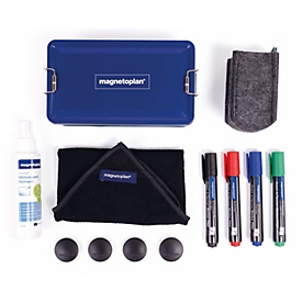 Magnetoplan Whiteboard Premium Kit in Metallbox, 4 Marker PRO+, Reiniger 125 ml, rPET Tuch, Magnete, magnetoTray SMALL