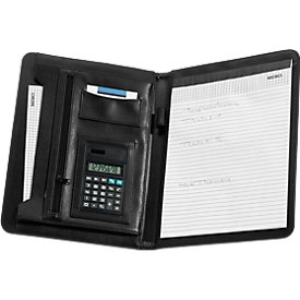 Maletín con calculadora extraíble, bloc de notas formato DIN A4, rayado