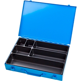 Mallette d'assortiment ADB, vide, 6 compartiments, verrouillable, avec poignée, L 330 x P 230 x H 50 mm, acier &amp; plastique ABS, bleu clair RAL 5012