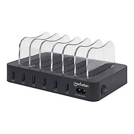 Manhattan Charging Station, 6x USB-A Ports, Outputs: 6x 2.4A, Smart IC, LED Indicator Lights, Black, Three Year Warranty, Box - Ladestation - 50 Watt - 2.4 A - 6 Ausgabeanschlussstellen (USB)