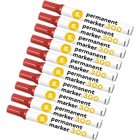 Marqueur permanent S. 300, pointe ogive, largeur de trait 1,5-3 mm, résistant à l'eau, stockage ouvert, aluminium &amp; plastique, rouge, 10 pièces
