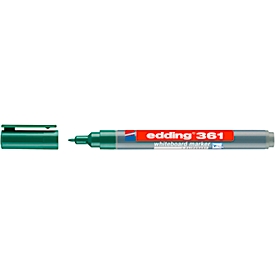 Marqueur pour tableau blanc Edding 361, couleur d'écriture vert, pointe ogive, épaisseur de trait 1 mm, effaçable à sec, avec capuchon et clip, rechargeable, 10 pièces