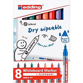 Marqueur pour tableaux blancs Edding 361, pointe ogive, épaisseur de trait 1 mm, effaçable à sec, avec capuchon et clip, rechargeable, set de 8 couleurs assorties