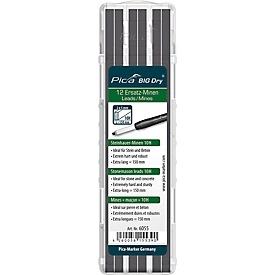 Mason's pencil replacement leads Pica BIG Dry 6055, graphite 10 H, for stone & concrete, L 150 mm, with case, 12 pieces