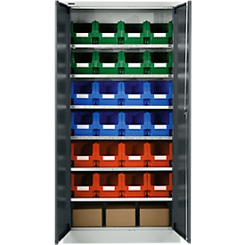 Material cabinet MSI 2409, with 24 boxes LF 322, 6 shelves, W 950 x D 400 x H 1935 mm, steel, light grey/anthracite grey