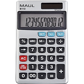 MAUL M112 rekenmachine, 12 cijfers, werkt op zonne-energie en batterij, B 70 x D 119 x H 10 mm, zilver