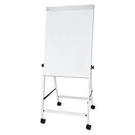MAUL office flipchart, bord B 70 x H 100 mm, incl. plateau, traploos in hoogte verstelbaar, vierpootsbodem, vastzetbare dubbele zwenkwielen, wit