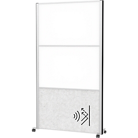 MAUL Système de cloisons MAULconnecto, 1x voile acoustique clair, 2x tableau blanc, fixation velcro, sur roulettes, H 1800 x L 1000 mm, argenté