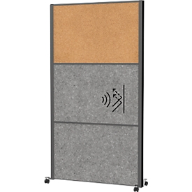 MAUL Système de cloisons MAULconnecto, modules enfichables, 2x voile acoustique, 1x liège, fixation velcro, sur roulettes, H 1800 x L 1000 mm, anthracite