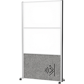 MAUL verplaatsbaar wandsysteem MAULconnecto, 1x akoestisch vlies donker, 2x whiteboard, klittenband, op wielen, H 1800 x B 1000 mm, zilver