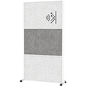 MAUL verplaatsbaar wandsysteem MAULconnecto, insteekmodules, 2x akoestisch vlies licht, 1x akoestisch vlies donker, klittenband, op wielen, H 1800 x B 1000 mm, wit