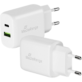 MediaRange fast charging adapter 25 W, Euro plug, USB-A/USB-C, white