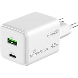 MediaRange Quick Charge Schnellladeadapter MRMA113-2, 45 W, Eurostecker, 1 x USB-C und 1 x USB-A, weiß