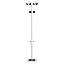 meet by Paperflow Garderobenständer , 12 Haken, mit Schirmhalter & Tropfmulde, B 350 x T 350 x H 1750 mm, Stahl, weiß-schwarz