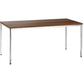 Mesa de conferencias, hasta 6 personas, rectangular, tubo cuadrado de 4 patas, ancho 1600 x fondo 800 x alto 720 mm, nogal/plata cromada