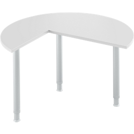 Mesa extensible, 3/4 de círculo, Ø 1200 mm, extensión a la derecha/izquierda, aluminio gris claro/blanco