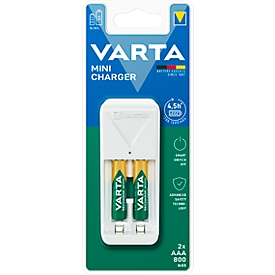 Mini Akkuladegerät für Batterien Varta, 2x AA/AAA, inkl. 2 AA-Akkus, Ladezeit 4,5 h, EU-Stecker, 100-240 V, B 43 x T 63 x H 102 mm, weiß