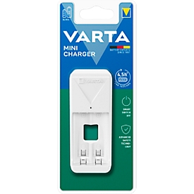 Mini chargeur de piles Varta, 2x AA/AAA, temps de charge 4,5 h, fiche EU, 100-240 V, arrêt par minuterie,L 43 x P 63 x H 103 mm, blanc