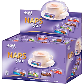 Minischokolade Milka Naps Mix, bestehend aus den Sorten Alpenmilch Schokolade, Alpenmilch-Schokolade mit Kakaocrème, Erdbeergeschmack & Haselnussstückchen, 1,702 kg