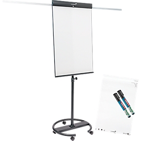 Mobile flipchart Legamaster Sketch Pro, magnetic board, height-adjustable, 2 side arms, round base, incl. starter set, W 680 x H 1050 mm, black and white