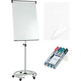 Mobile flipchart MAUL solid plus, portrait format, height adjustable, magnetic, 2 paper holders, W 660 x H 970 mm + 5 pads à 20 sheets &amp; 4 markers