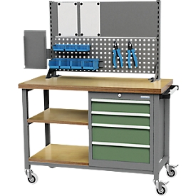 Mobile Kastenwerkbank Bedrunka+Hirth, Buche-Multiplex-Arbeitsplatte, 4 Schübe, 2 Fachböden, abschließbar, bis 400 kg, B 1200 x T 540 x H 880 mm, ohne Aufbau