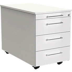Mobile pedestal Toledo, 3 drawers, utensil drawer, self-closing, pull-out stop, central locking, W 420 x D 800 mm, white