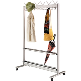 Mobile row coat rack, light metal, 1160 mm wide, with umbrella holder