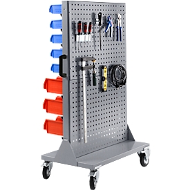 Mobile small parts magazine Schäfer Shop Select, can be loaded from 1 side, with perforated panel wall, without open fronted storage bins, W 900 x D 655 x H 1540 mm, steel, grey