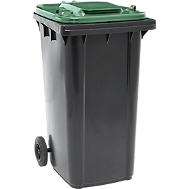 Mobile waste garbage can SSI Schäfer GMT eXtra, 240 l, EN 840, prepared for chip holder, pull handle, 90 % recycled plastic, black-green