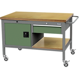 Mobile Werkbank Bedrunka+Hirth, Buche-Multiplex-Arbeitsplatte, 1 Schub/Tür/Fachboden, Schiebegriff, abschliessbar, bis 500 kg, B 1250 x T 750 x H 859 mm