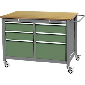 Mobile Werkbank Bedrunka+Hirth, Buche-Multiplex-Arbeitsplatte, 6 Schübe, 2 Fachböden, Schiebegriff, abschliessbar, bis 500 kg, B 1250 x T 750 x H 935 mm