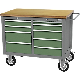 Mobile Werkbank Bedrunka+Hirth, Buche-Multiplex-Arbeitsplatte, 9 Schübe, Schiebegriff, abschliessbar, bis 700 kg, B 1250 x T 750 x H 995 mm, Stahlblech