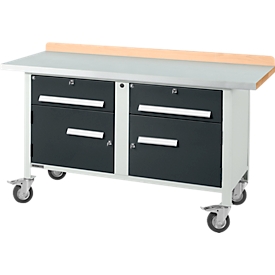 Mobile Werkbank Schäfer Shop Select PWi 150-0, Buche Multiplexplatte, mit Stahlabdeckung, bis 400 kg, B 1500 x T 700 x H 840 mm