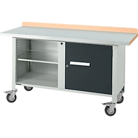 Mobile Werkbank Schäfer Shop Select PWi 150-1, Buche-Dekor Multiplexplatte, mit Stahlabdeckung, bis 400 kg, B 1500 x T 700 x H 840 mm