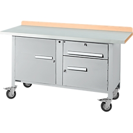 Mobile Werkbank Schäfer Shop Select PWi 150-3, Buche-Dekor Multiplexplatte, mit Stahlabdeckung, bis 400 kg, B 1500 x T 700 x H 840 mm