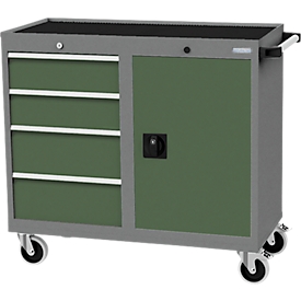Mobiler Schubladenschrank Bedrunka+Hirth, 4 Schübe, 1 Flügeltür, Schiebegriff, abschliessbar, bis 500 kg, B 1060 x T 500 x H 1000 mm, Stahlblech