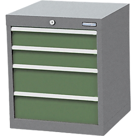 Mobiler Schubladenschrank Bedrunka+Hirth, 4 Schübe, Schiebegriff, abschliessbar, bis 500 kg, B 530 x T 500 x H 800 mm, Stahlblech