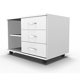 Mobiles Sideboard, Regal + 3 Schübe + Utensilienschub, B 800, anstellbar rechts, weiß