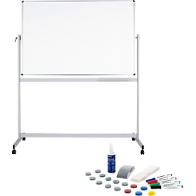 Mobiles Whiteboard Maul MAULstandard, 1000 x 2000 mm, 2-seitig, drehbar + Whiteboard Zubehörset, 31-teilg