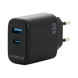 Mobilis Netzteil - schnell, GaN - 45 Watt - QC, PD/PPS - 2 Ausgabeanschlussstellen (USB, 24 pin USB-C)