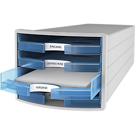 Module de classement à tiroirs Impuls 2.0 HAN, 4 tiroirs, format A4, empilable, construction ouverte, gris/bleu transparent