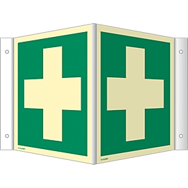 moedel angled sign "First aid", according to ISO 7010 E003, plastic, photoluminescent, W 148 x H 148 mm